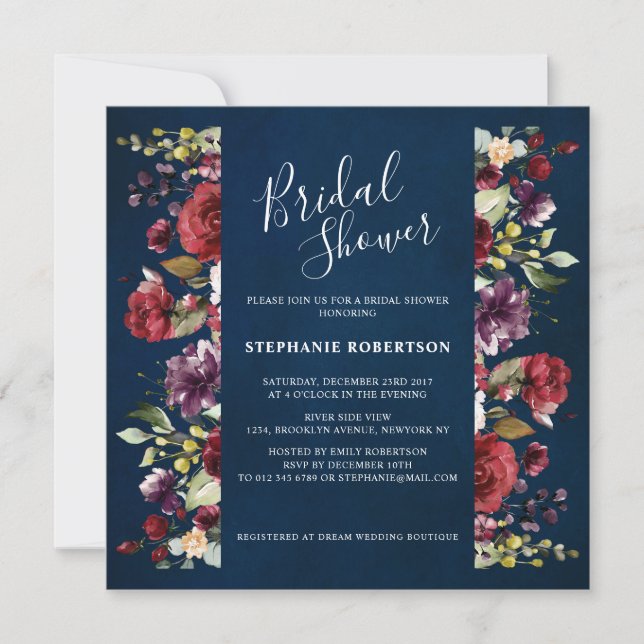 Romantic Watercolor Burgundy Red Navy Rose Floral Invitation (Front)
