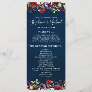 Romantic Watercolor Burgundy Red Navy Rose Floral Program