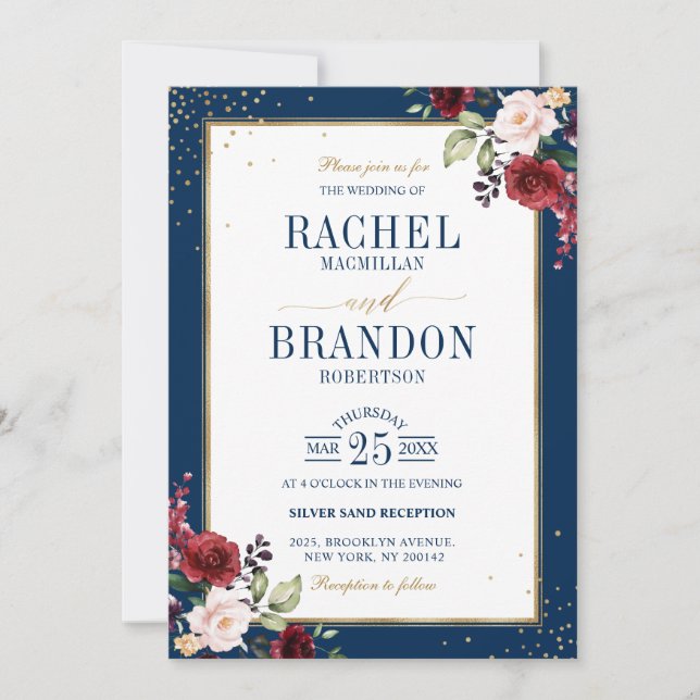 Romantic Watercolor Burgundy Wedding Floral Invitation (Front)