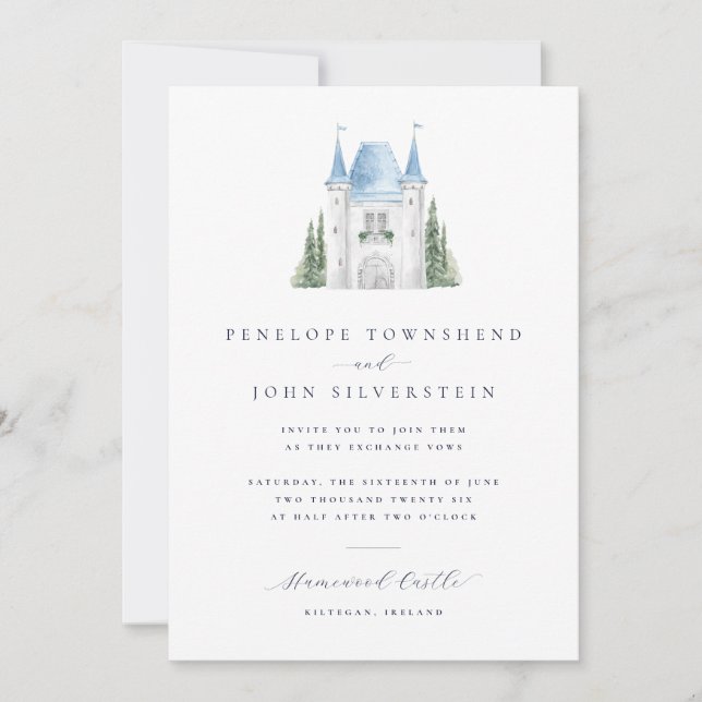 Romantic Watercolor Castle Illustration Wedding Invitation (Front)