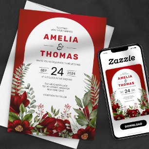 Romantic Watercolor Crimson Red Floral Wedding Invitation
