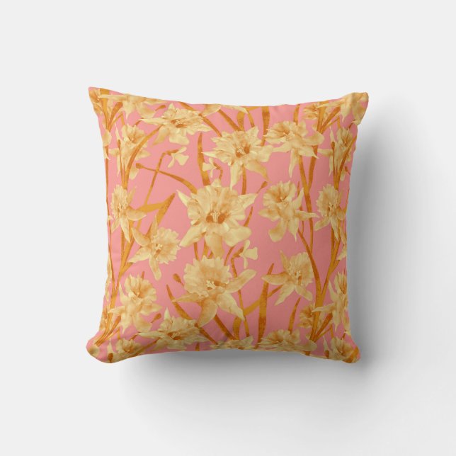 Romantic Watercolor Daffodil Pattern Throw Pillow (Front)