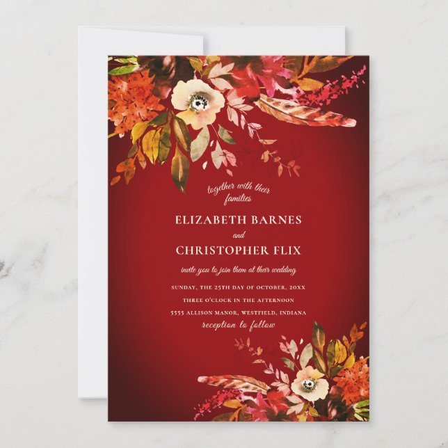 Romantic Watercolor Floral Bold Autumn Red Wedding Invitation (Front)