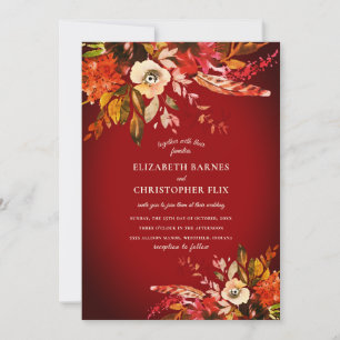 Romantic Watercolor Floral Bold Autumn Red Wedding Invitation