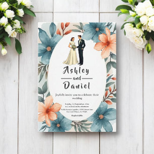 Romantic Watercolor Floral Bride And Groom Wedding Invitation