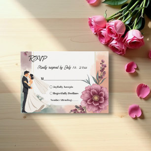Romantic Watercolor Floral Bride And Groom Wedding RSVP Card