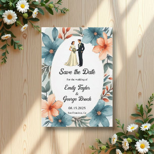 Romantic Watercolor Floral Bride And Groom Wedding Save The Date