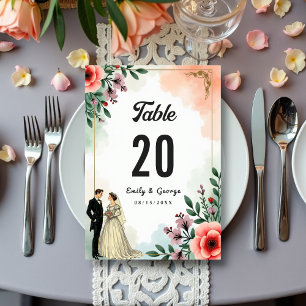 Romantic Watercolor Floral Bride And Groom Wedding Table Number