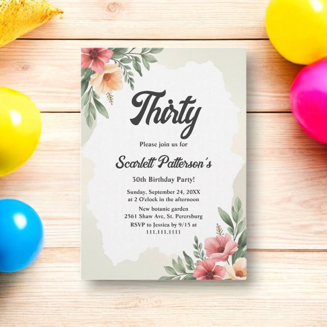 Romantic Watercolor Floral Elegant 30th Birthday Invitation (Creator Uploaded)