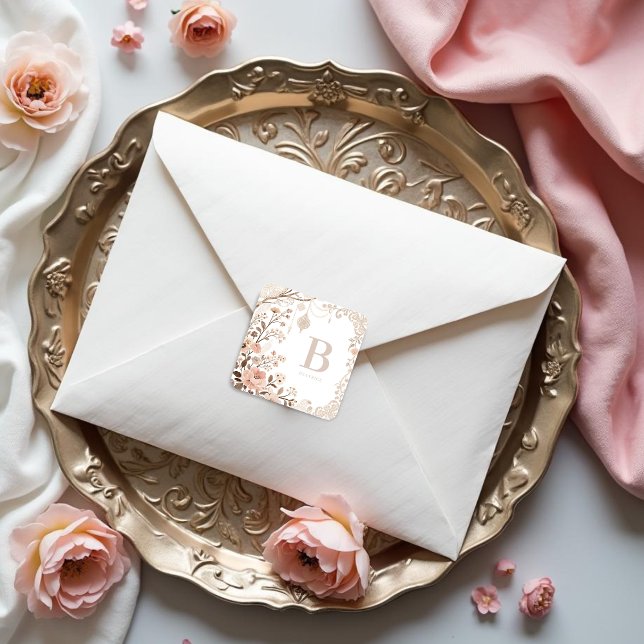 Romantic Watercolor Floral Filigree Design Square Sticker (Exquisite Sophisticated Romantic Pastel Watercolor Floral Square Sticker Design)