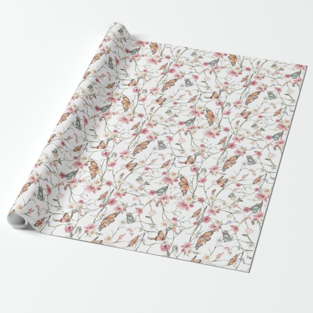 Romantic Watercolor Floral Garden and Butterflies Wrapping Paper (Unrolled)