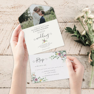 Romantic Watercolor Floral Greenery Wedding All In One Invitation