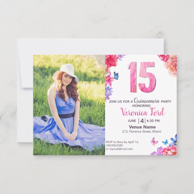 Romantic watercolor floral invitation with photo (Front)
