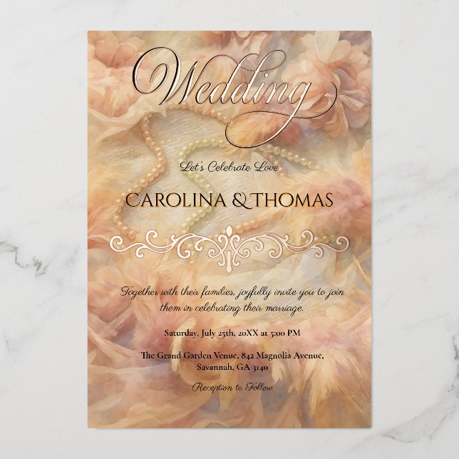 Romantic Watercolor Floral Pearls Feathers Wedding (Front)