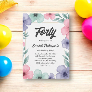 Romantic Watercolor Floral Rustic 40th Birthday Invitation
