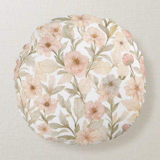 Romantic Watercolor Floral Seamless Pattern in Dus Round Pillow