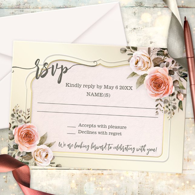 Romantic Watercolor Floral Wedding RSVP Card (Watercolor wedding RSVP card featuring blush pink roses on an elegant boho chic background)