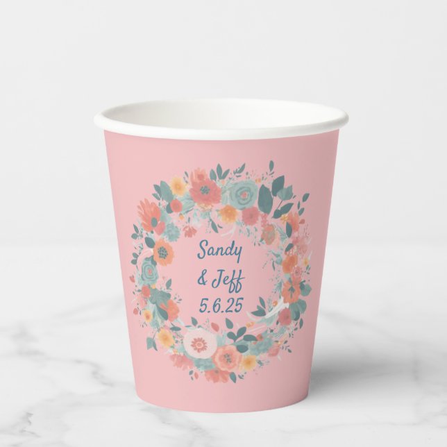 Romantic Watercolor Floral Wedding Wreath Paper Cups (Front)