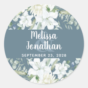 Romantic watercolor floral white flowers wedding   classic round sticker