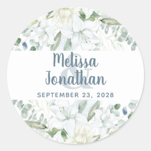 Romantic watercolor floral white flowers wedding   classic round sticker