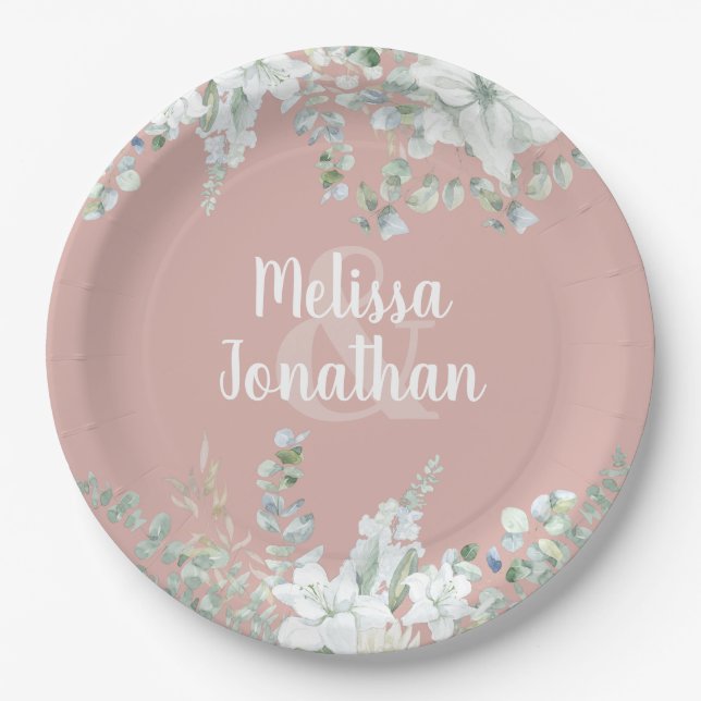 Romantic watercolor floral white flowers wedding paper plate (Front)