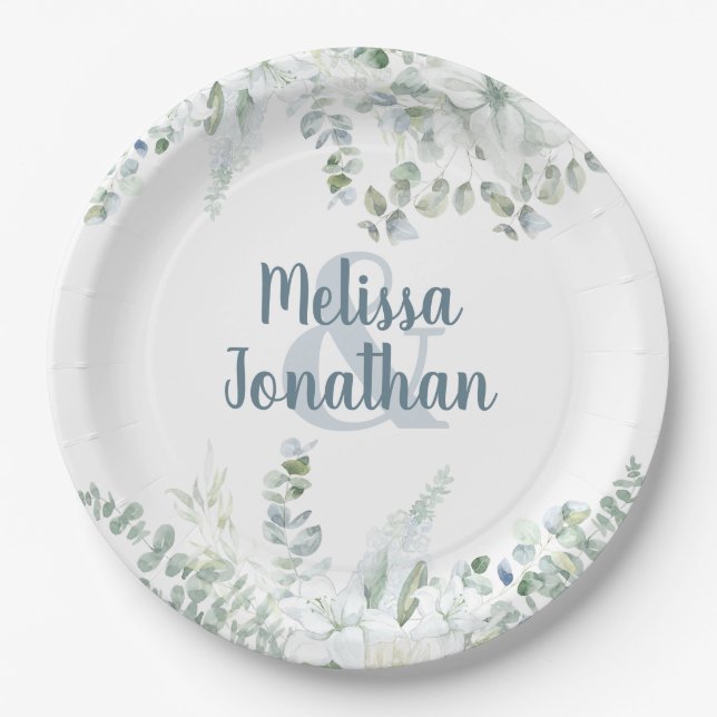 Romantic watercolor floral white flowers wedding  paper plate (Front)
