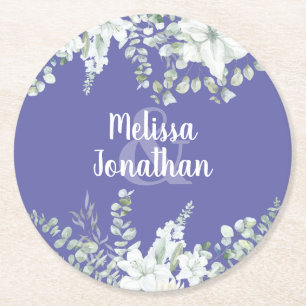 Romantic watercolor floral white flowers wedding   round paper coaster