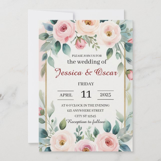 Romantic Watercolor Floral Wreath Wedding Invitation (Front)