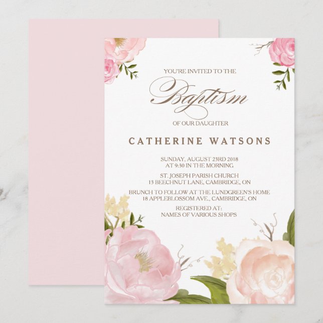 Romantic Watercolor Flowers Baptism Invitation (Front/Back)