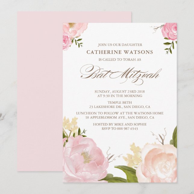 Romantic Watercolor Flowers Bat Mitzvah Invitation (Front/Back)