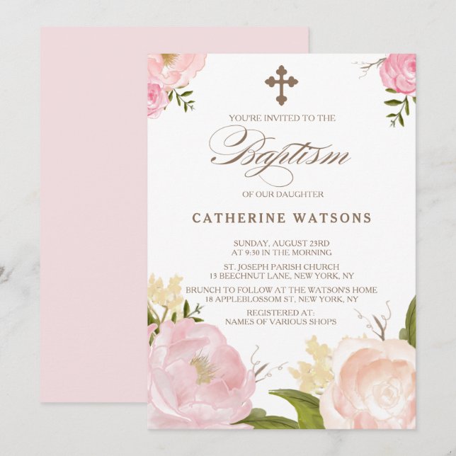 Romantic Watercolor Flowers & Cross Baptism Invitation (Front/Back)