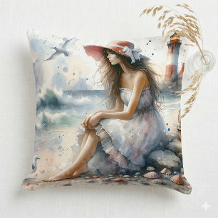 Romantic Watercolor Girl by Lighthouse Throw Pillow