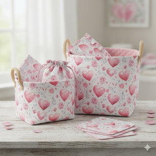 Romantic Watercolor Heart Balloons and Pink Roses Fabric