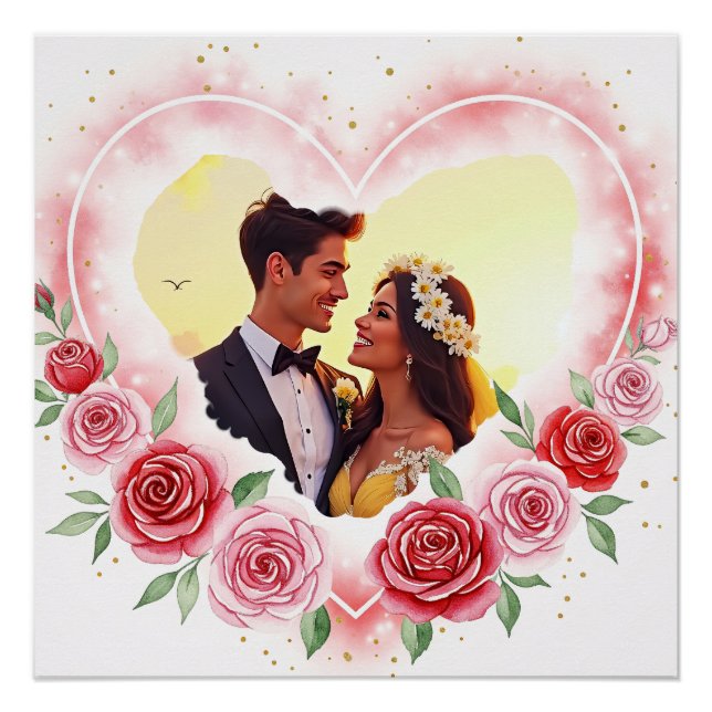  Romantic Watercolor Heart with Gold Sparkles Poster (Front)