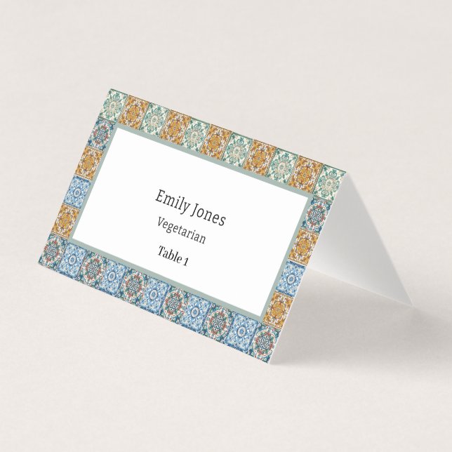 Romantic Watercolor Italian Tiles Place Card (Front)