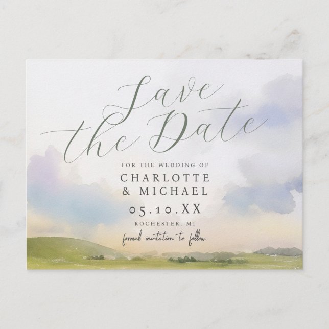 Romantic watercolor landscape save the date postcard (Front)