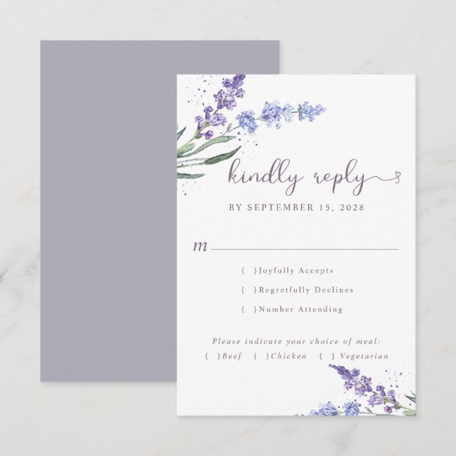 Romantic Watercolor Lavender Floral | Meal Choice RSVP Card (Front/Back)