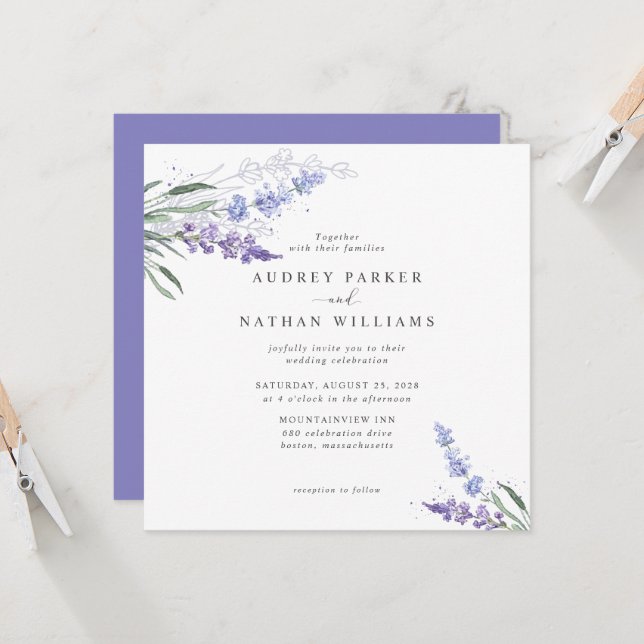 Romantic Watercolor Lavender Floral Wedding Invitation (Front/Back In Situ)