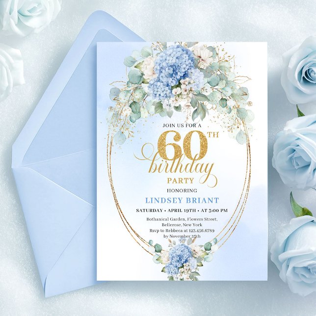 Romantic Watercolor Light Blue Floral 60 Birthday Invitation (Romantic Watercolor Light Blue Floral 60th Birthday)