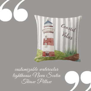 romantic watercolor lighthouse grey white stripes  throw pillow