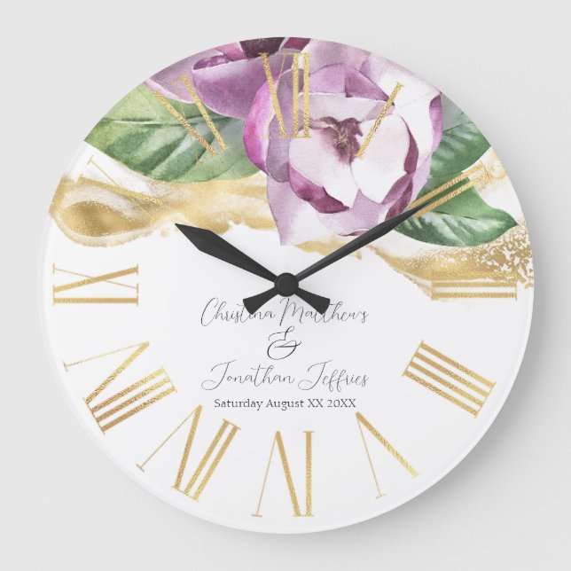 Romantic Watercolor Magnolia Large Clock (Front)