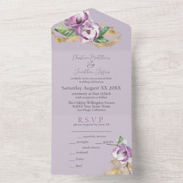Romantic Watercolor Magnolia on Purple All In One Invitation (Inside)