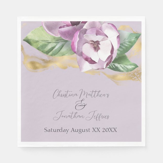 Romantic Watercolor Magnolia on Purple Napkin (Front)