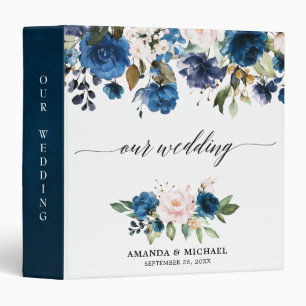 Romantic Watercolor Navy Blue Blush Rose Floral Binder