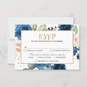 Romantic Watercolor Navy blue Blush Rose Floral RSVP Card
