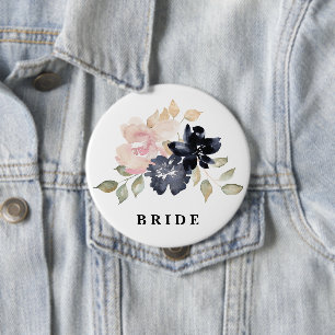 Romantic Watercolor Navy Florals Wedding Bride 4 Inch Round Button
