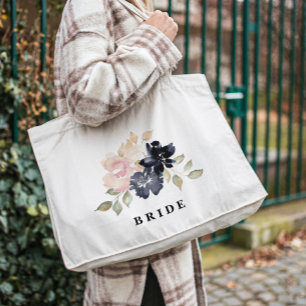 Romantic Watercolor Navy Florals Wedding Bride Tote Bag