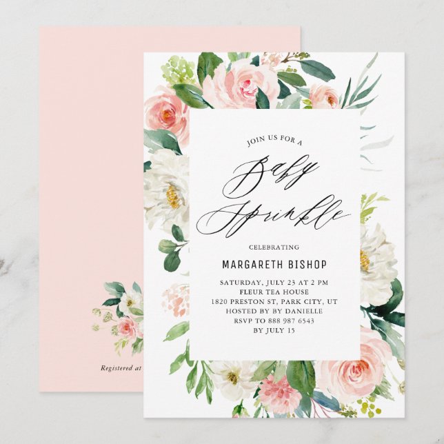 Romantic Watercolor Peach Florals Baby Sprinkle Invitation (Front/Back)