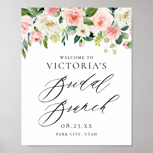 Romantic Watercolor Peach Florals Bridal Brunch Poster (Front)