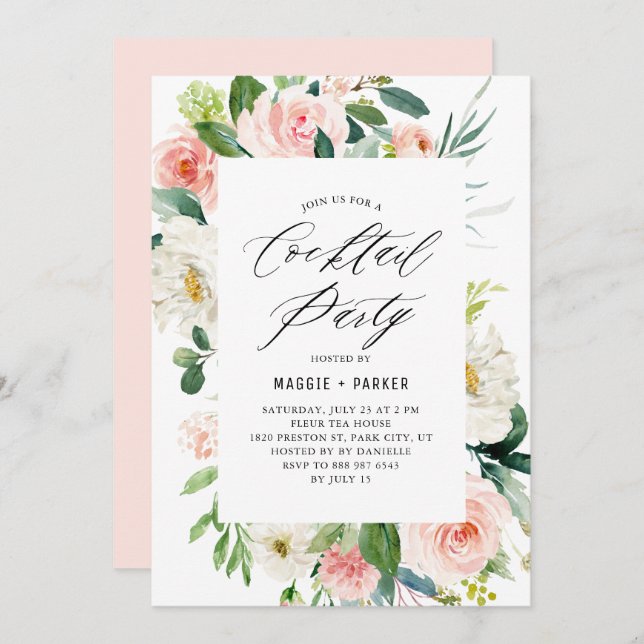 Romantic Watercolor Peach Florals Cocktail Party Invitation (Front/Back)